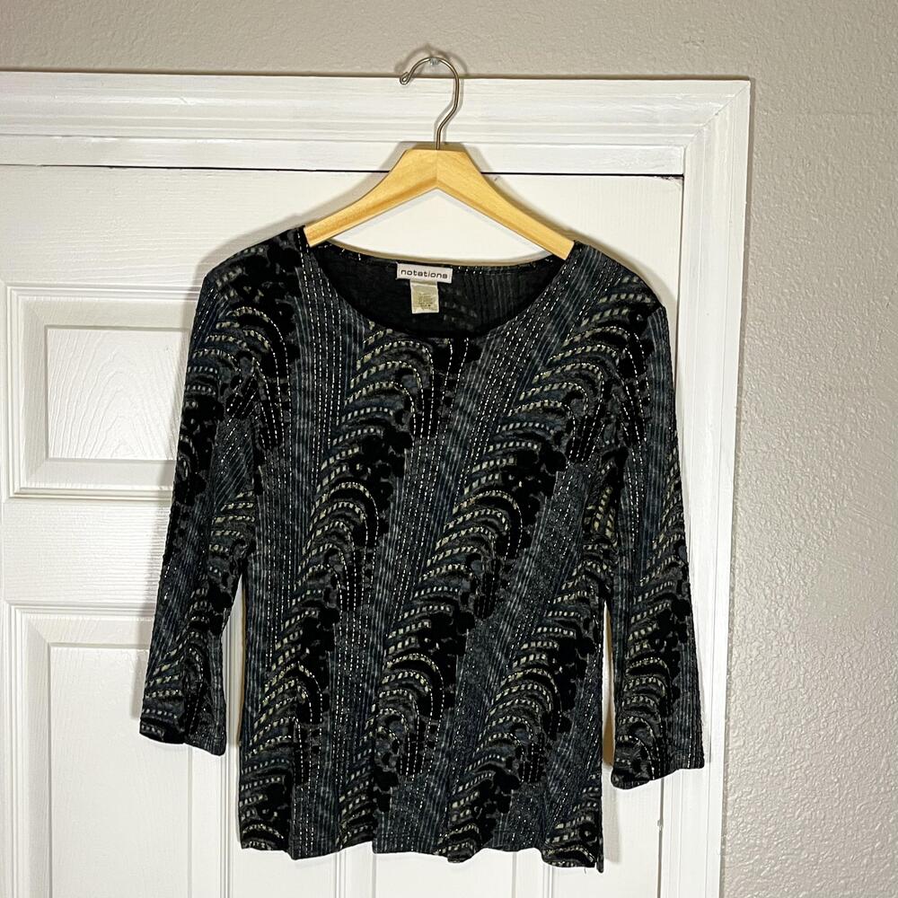 Notations Top Women Vintage Y2k Geometric Burnout Velvet Sleeve Stretch Blouse